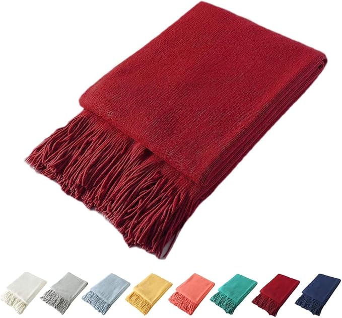Homiest Red Knitted Throw Blanket with Fringe, 60x80 Inch | Pure Acrylic, Lightweight & Breathable, All-Season Use, Machine Washable, Wrinkle & Fade Resistant, for Couch Sofa And Bed