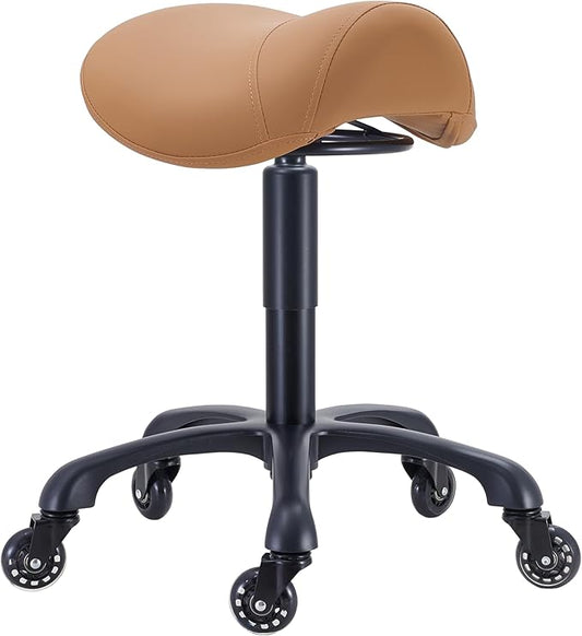 Saddle Salon Stool with Wheels,Heavy Duty Adjustable Rolling Stool for Barber, Tattoo, Nail,Spa,Dentist(Brown)