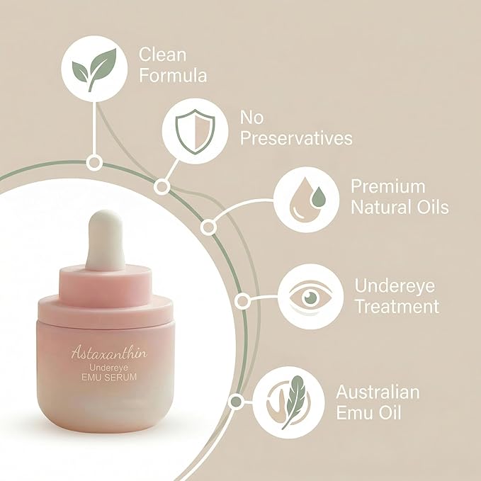 Astaxanthin Under Eye Serum with EMU oil - 0.67 fl. oz./ 20 mL | Emu oil serum | Powerful antioxidant astaxanthin | Sea Buckthorn, Squalane, Aloe Vera, Coffee |Preservative free | 100% Natural