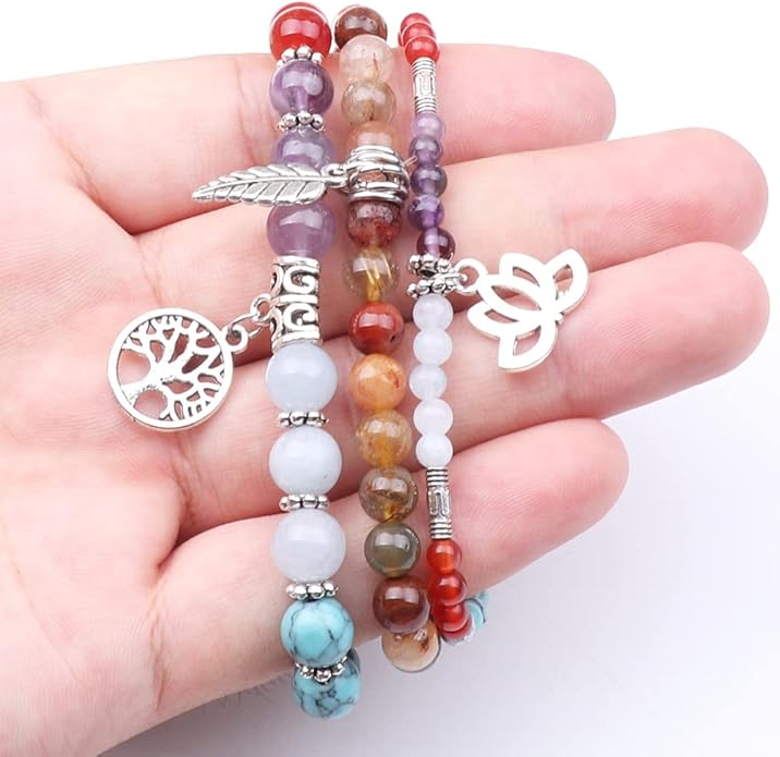 UEUC Tree of Life Yoga Healing Stone Bracelets,Multilayer Lotus Chakra Stone Reiki Bracelet Sets,Anxiety Crystal Natural Stone,for Women Stress Relief
