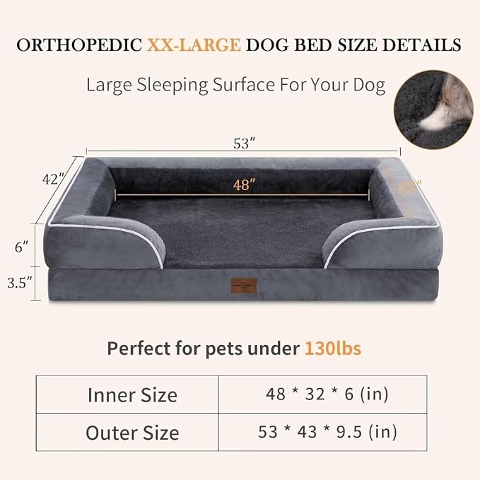 Comfort Expression Waterproof Orthopedic Dog Beds for Extra Large Dog | Supportive Egg Crate Foam Big Dog Bed with Removable Bolster, Dog Couch with Washable Cover & Non-Slip Bottom, 53x42Inch