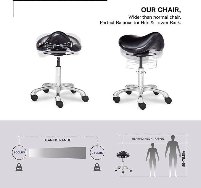 Saddle Stool Swivel Height Adjustable with Wheels Wobble Rolling Stool for Medical Massage Salon Kitchen Spa Drafting Lab Clinic Dentist, Ergonomic Hydraulic Seat Chair Office Stool
