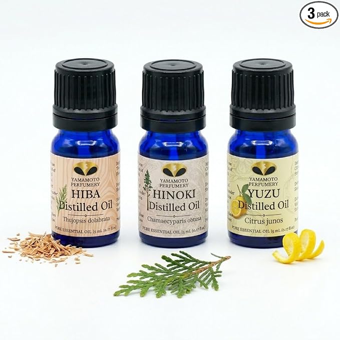 Premium Japanese Essential Oil Set - 100% Pure Hinoki & Yuzu & Hiba Oils for Diffuser & Aromatherapy - Steam Distilled, Produced in Japan - 3 Pack (5ml Each)