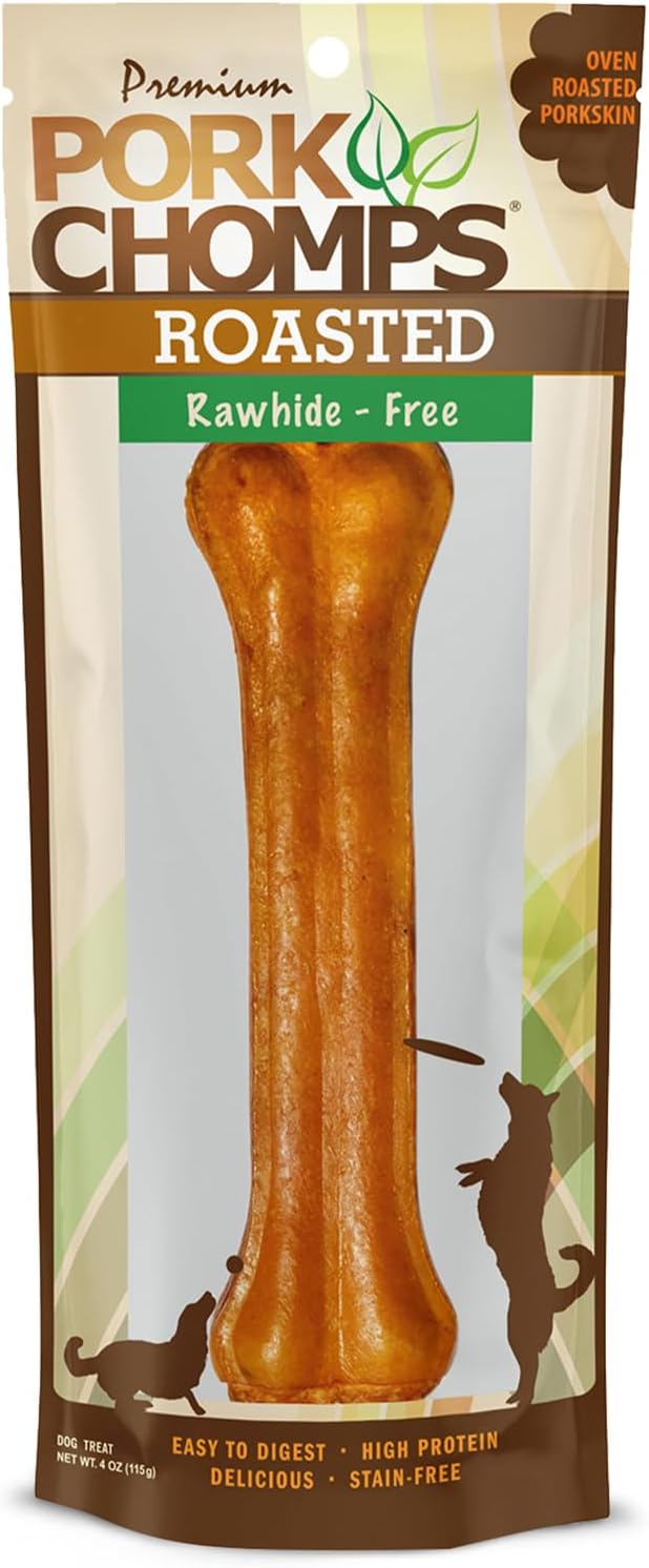 Pork Chomps Rawhide Free Pork Skin Dog Chew Bone, 7in, 1ct | Roasted, pressed pork skin chew. Long-lasting, high protein, low fat, healthy & delicious.