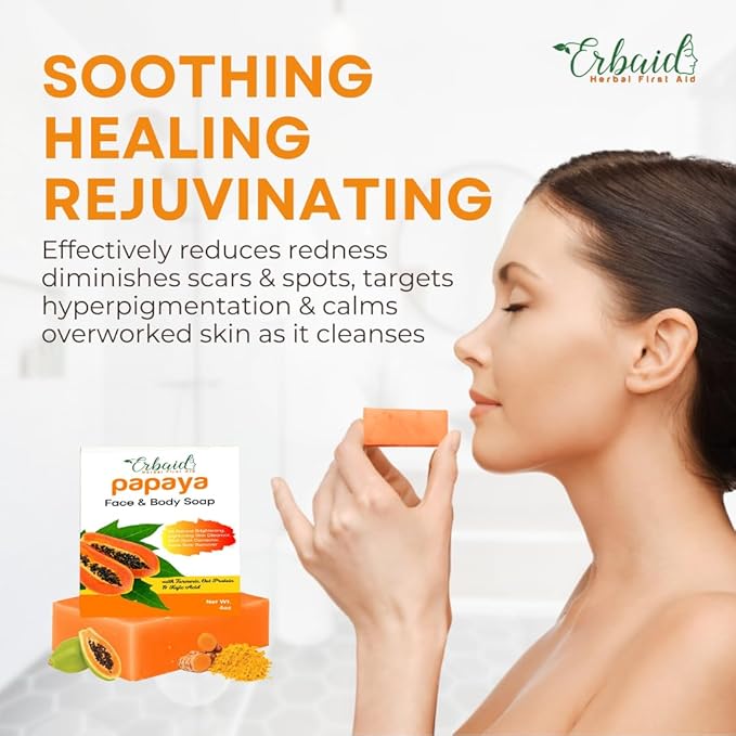 Erbaid Papaya Soap Face & Body Wash – Skin Brightening Papaya Soap Bar for Dark Spots – Reduce Acne, Cleanse Scars, & Even Tone – with Turmeric, Kojic Acid & Essential Oils – for All Types