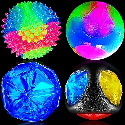 Sumind 4 Pieces Light up Squeaky Dog Balls LED Flashing Light up Ball for Aggressive Chewers Glow in the Dark Flashing Ball Pet Squeaky Toy Bounce Activated Toy for Medium Small Dogs Gift