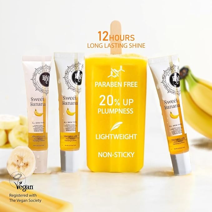 Rosee Lip Gloss Vegan & Cruelty Free Treatment, Professional Make up, Long Lasting Glossy with Shea Butter, Moisturize, Protect & Smooth, High Shine, Non-Sticky (s. Sweet Banana, 0.5)