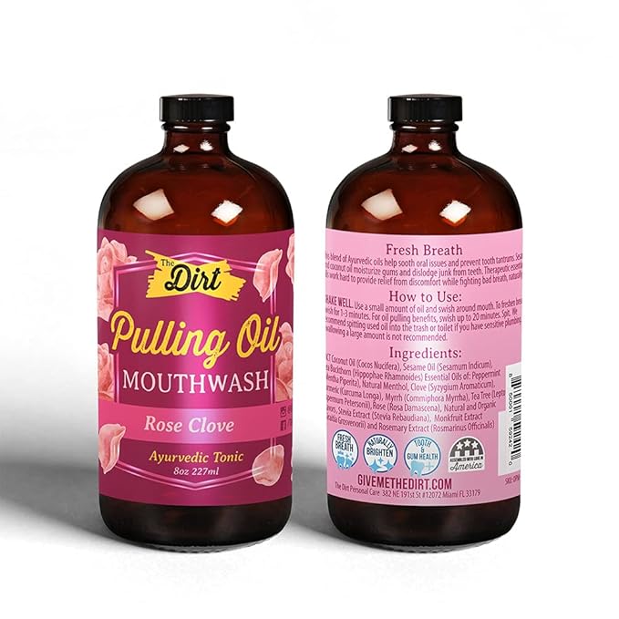 The Dirt Gluten Free Oil Pulling Mouthwash - Dental Tonic with Essential Oils for Bad Breath, Non-GMO… (Luscious Rose, Clove & Mint, 8 Ounce)