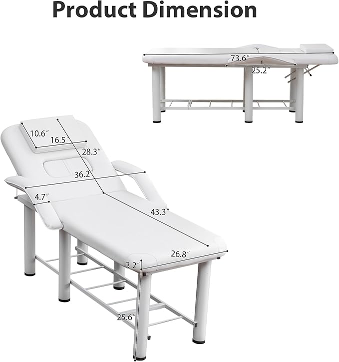 Professional Massage Salon Bed 73.6 Inch with Handrail, Stationary Physical Therapy Treatment Table with Removable Headrest & Chest Cushions, Spa Facial Esthetician Bed with Adjustable Backrest