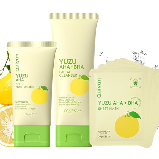 Yuzu AHA BHA Skincare Set for Teens & Young Women - 3.53oz Foaming Cleanser + 5 PCS Exfoliating Sheet Masks + 2.12oz Hydrating Gel Moisturizer | Gentle Exfoliation, Oil Control & Glowing Skin
