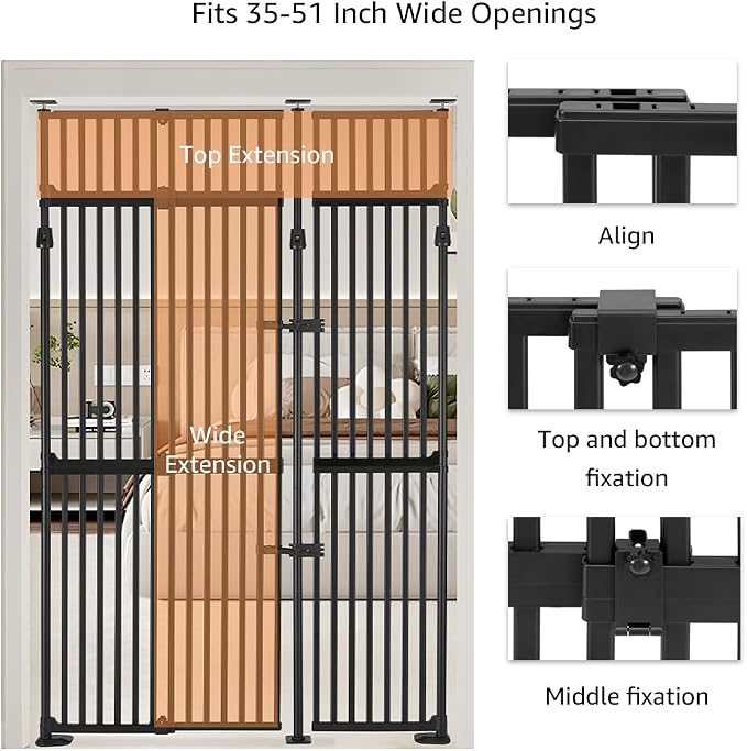 unipaws 86" High Extra Tall Cat Gate, Auto Closing and No Drilling, Black | Fit for 35"-51" Wide and 86"-98" Height Opening, Safety Gate for Doorway Hallway Stairs, Cat Dog Proof, Indoor Use
