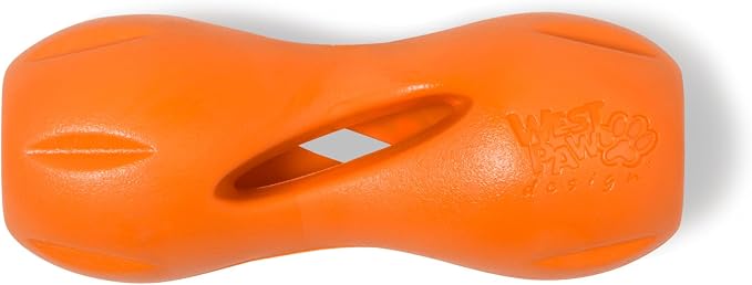 WEST PAW Qwizl Durable Zogoflex Dog Puzzle Toy for Mental Stimulation, and Enrichment - Treat Dispensing for Bully Sticks and Dental Sticks - Dishwasher Safe - Made in USA - Small - Tangerine