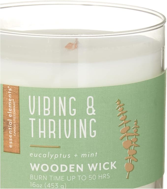 Essential Elements by Candle-Lite Company Wood Wick Scented Candle, Vibing & Thriving, One 16 oz. Single-Wick Aromatherapy Candle with 50 Hours of Burn Time, White (Pack of 2)