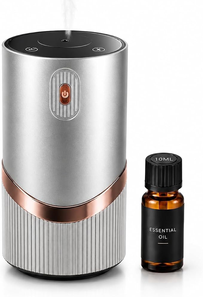 Waterless Essential Oil Diffuser, Mini Scent Air Machine Portable Diffuser for Home Car Office, Battery Operated Aromatherapy Diffuser with 10mL Hotel Scent Fragrance Oil, Timer & 4 Mist Levels, Grey