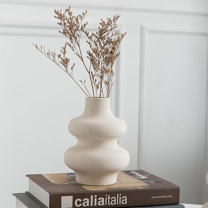 Ceramic Vase Set of 2 - Off White Boho Round Vases, Modern Pampas Vases, Dried Flower Vase Home Decor for Centerpieces Wedding Dinner Table Party Living Room Office Bedroom