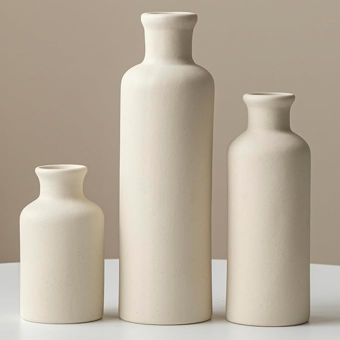 Modern Ceramic Vase Set of 3, Beige Colors, Decorative Bottles for Home, Farmhouse Rustic Decor, Housewarming Gifts, Wedding Gifts, Bridal Shower Gifts, Birthday Gifts for Women (Beige)