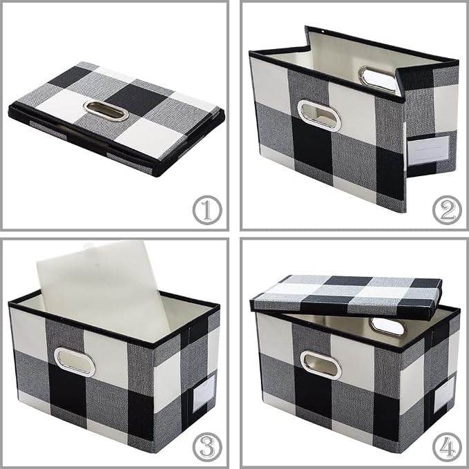 Collapsible Storage Bin with Lid [3-Pack] Fabric Foldable Storage Box Organizer Container Basket Cube with Cover for Home Bedroom Closet Office Nursery Black and White Grid(14.9x9.8x9.8)