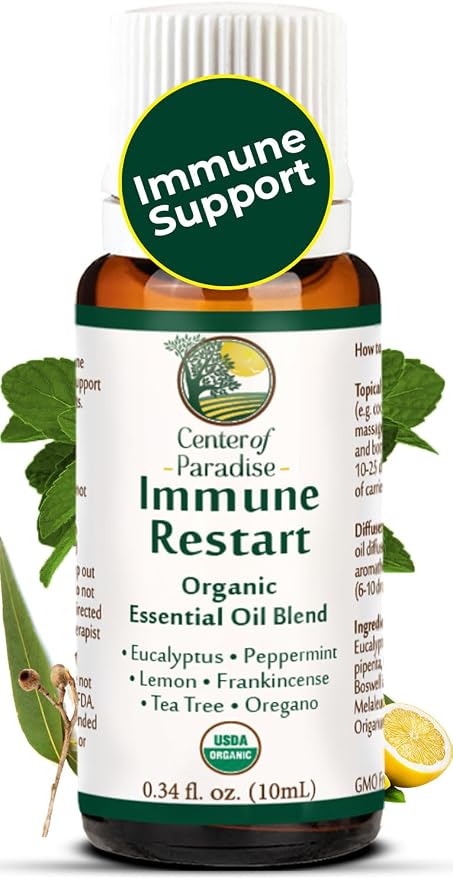 Center of Paradise Immune Restart Organic Essential Oil Blend, USDA Organic, 10 mL, Eucalyptus, Peppermint, Tea Tree, Lemon, Frankincense & Oregano for Diffuser & Aromatherapy