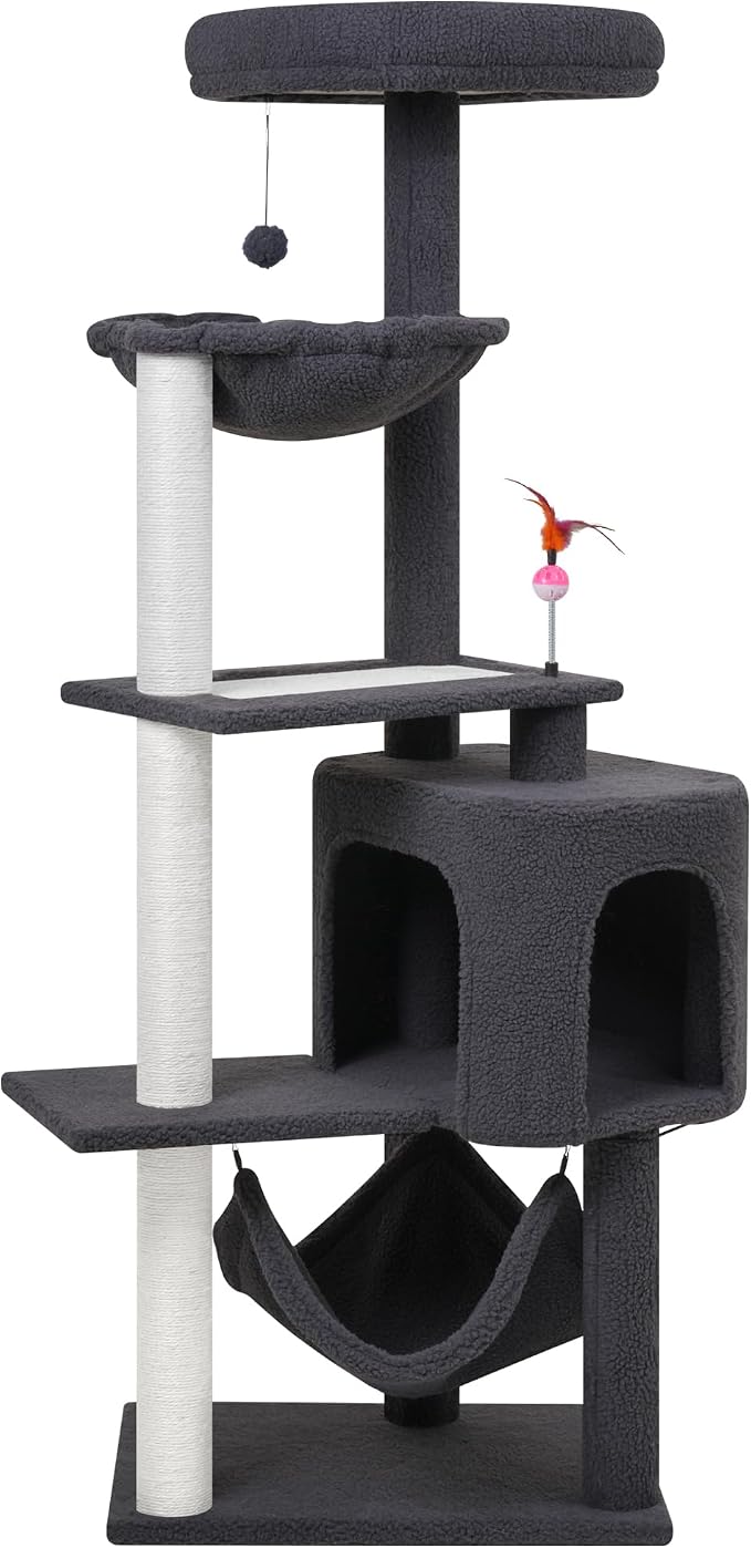 YUNIQUE Cat Tree with Cat Condo Scratch Posts Scratch Tablet and Big Hammock, (60.2‘’ Grey)