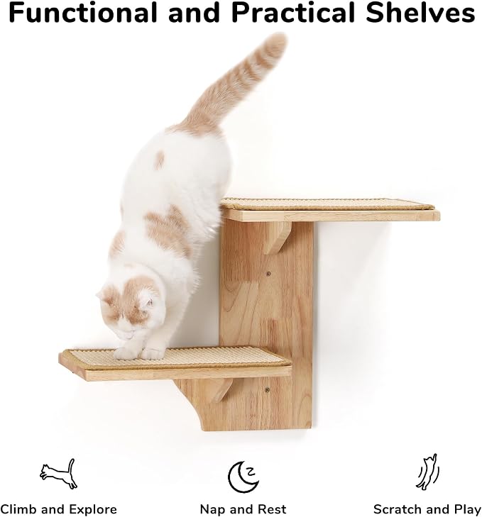 FUKUMARU Cat Wall Shelves, 2 Platform Kitten Wall Furniture, Tree Shape Wall-Mounted Floating Shelf with Sisal Mat, Solid Rubber Wood Cats Perch for 16 Inch Drywall, Suitable for Climb, Play, Nap | Floating Shelf Kitten Furniture, Solid Rubber Wood Cat...