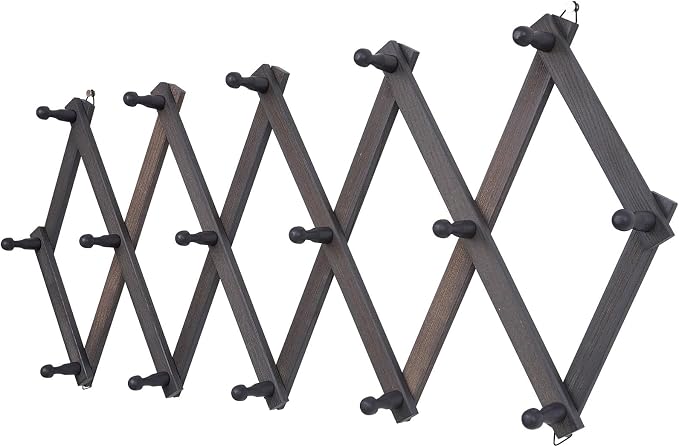 SCUNDA Rustic Wall Mounted Hat Rack with Space Saving Accordion Design, Expandable Hat Holder with 16 Wood Hooks, Modern Farmhouse Wall Hanger for Mug, Coat, Bags(Shabby Grey)
