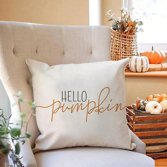 RABUSOFA Fall Pillow Covers 16x16 Inch Fall Decor for Home | Hello Pumpkin Lettering,Indoor Outdoor Use,Harvest Autumn Thanksgiving Decorations for Couch Sofa