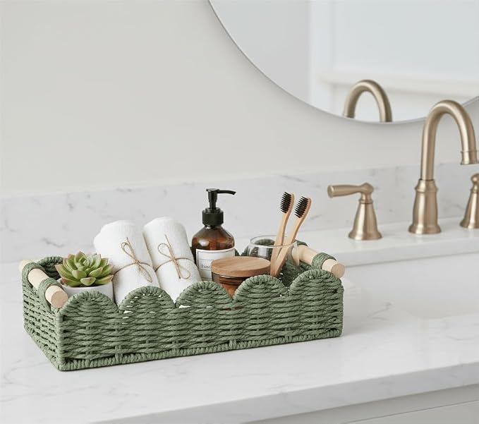 CubesLand Toilet Paper Storage Basket Organizer, Small Wicker Decor Basket | Toilet Tank Top Decorative Basket for Countertop, Handwoven Scalloped Basket W/Handle for Home Decor Living Room, Green