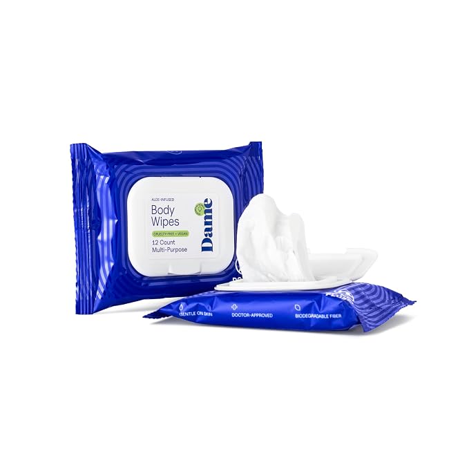 Dame Aloe Body Wipes for Women, pH Balanced Feminine Wipes with Cucumber, Gentle Cleansing for Sensitive Skin, Post Workout, Sweat & Travel, Biodegradable, Vegan & Cruelty Free, 12 Count (2 Pack)
