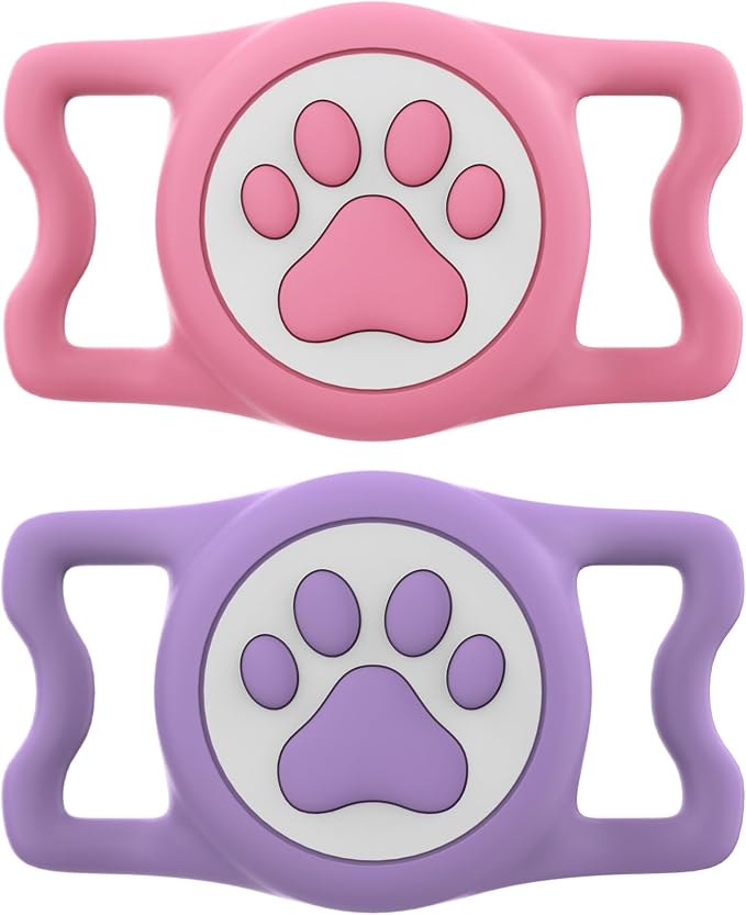 IP68 Waterproof for AirTag Dog Collar Holder, Silicone Air Tags-2 Pack for Apple Dog AirTag Holder(PinkxPurple)