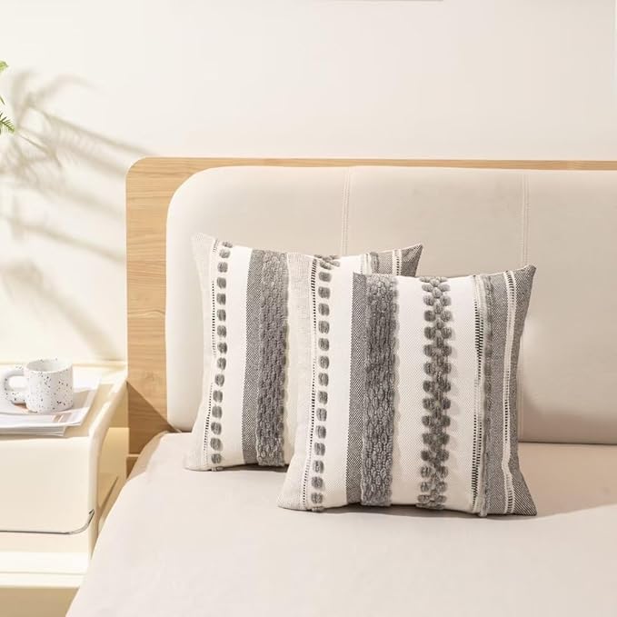 Boho Throw Pillow Covers Decorative Neutral Farmhouse Pillow case | 18x18 Set of 2 Cushion Case Striped Square Pillows Cover Couch Pillow Cases Accent Pillowcase for Sofa Bed,Gray