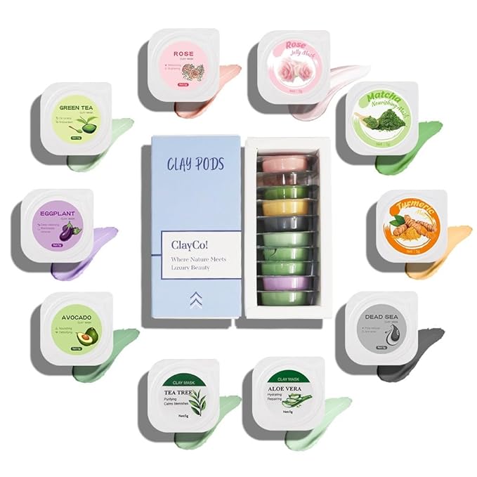 ClayCo! 10 Piece Clay Mask Variety Kit for Men & Women Facial and Skin Care, Clay Face Mask Set (Rose, Rose Jelly, Matcha, Turmeric, Dead Sea, Green Tea, Aloe Vera, Avocado, Eggplant, Tea Tree)