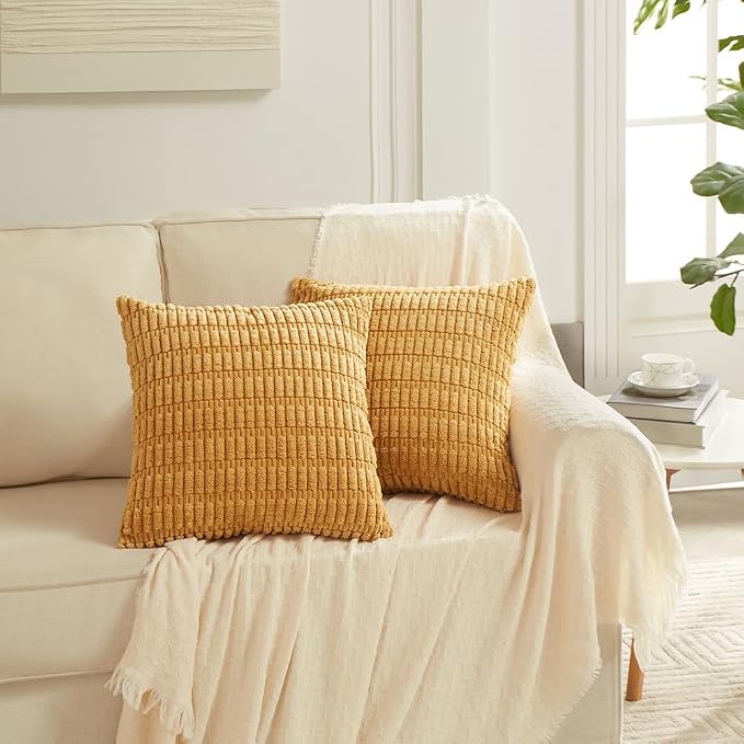 Fancy Homi Decorative Throw Pillow Covers for Bed Couch Bedroom Bench, Soft Corduroy Solid Pillow Case, Rustic Farmhouse Boho Room Decor,18" x 18" (Pack of 1),Mustard Yellow