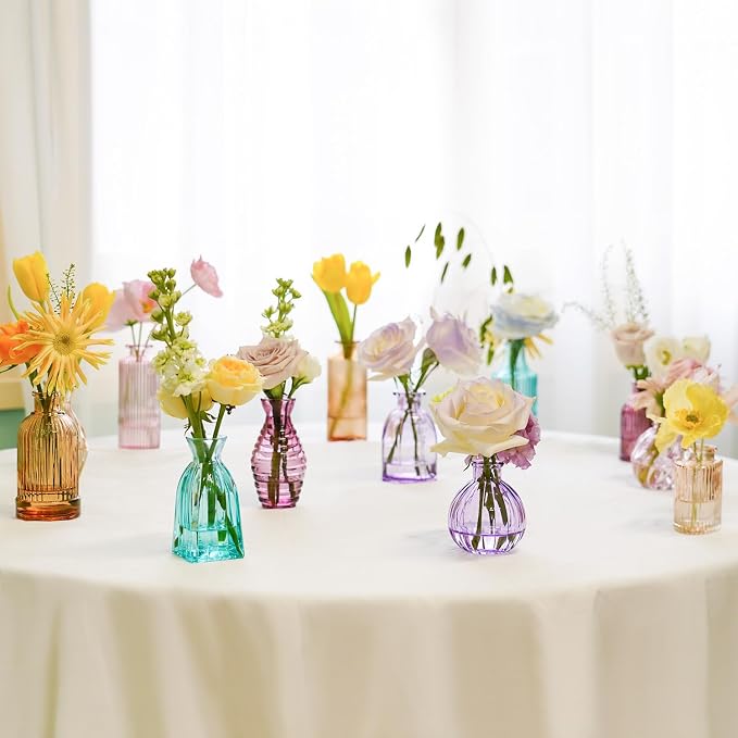 12PCS Mixed Colored Bud Vases Colorful Vintage Flower Vase for Centerpieces | Small Glass Vases for Flowers Aesthetic Glass Bottles Bulk Wedding Party Home Decorations Gifts