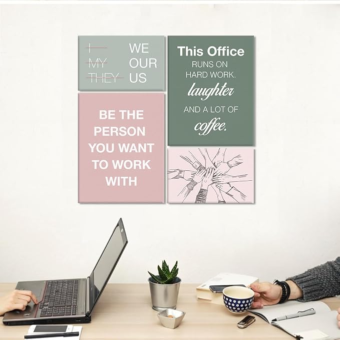 YEOION Motivational Office Wall Art,Inspirational Teamwork Wall Art for Office,Light Pink And Green Positive Teamwork Wall Decor for Workplace Set of 6