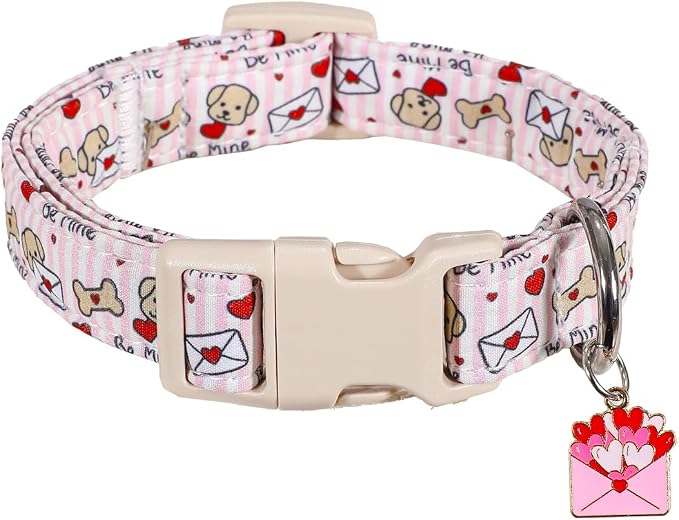 Pink Dog Collar, Girl Dog Collar with Cute Dogs and Hearts, Cute Spring Summer Food Collar with Soft & Breathable Fabric, Adjustable Pet Collar for Small Dogs