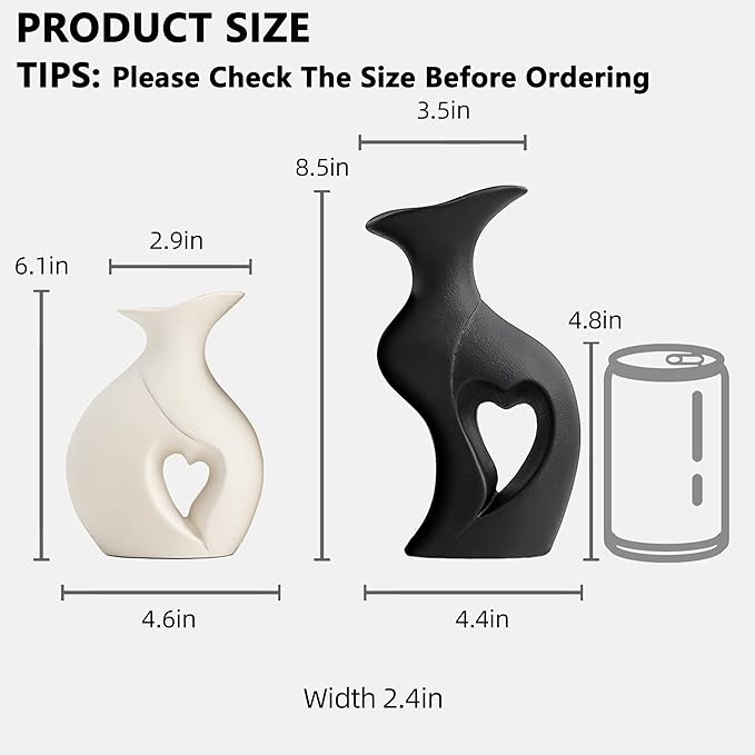 Black and White Vases Home Decor Heart Shape Ceramic Vase Set of 2 | Modern Boho Flower Vases, Nordic Aesthetic Decor For coffee Table Centerpiece,Wedding,Dining Living Room, Table Decor