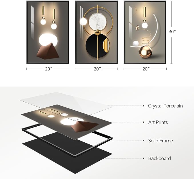 3 Piece Framed Black and Gold Abstract Wall Art for Living Room, Large Modern Luxury Geometric Picture Prints Paintings, Bright Style Artwork for Bedroom Dining Room Office Wall Decor 20x30 Inch