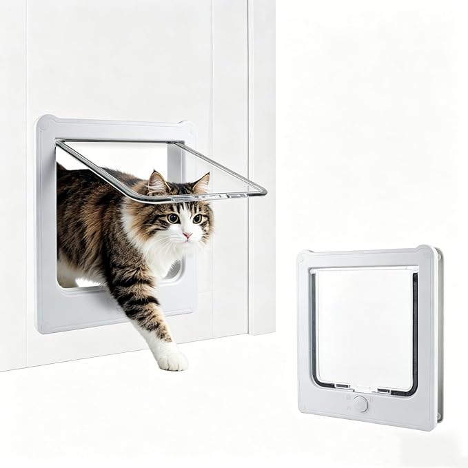 NAMSAN Cat Door Interior Door, White, Flap Opening 7.1" x 7.3", 4 Way Locking Cat Door for Exterior Door, Weatherproof Pet Door for Kitten Small Dogs, Cat Flap Doors for Wooden/Metal Door, Window