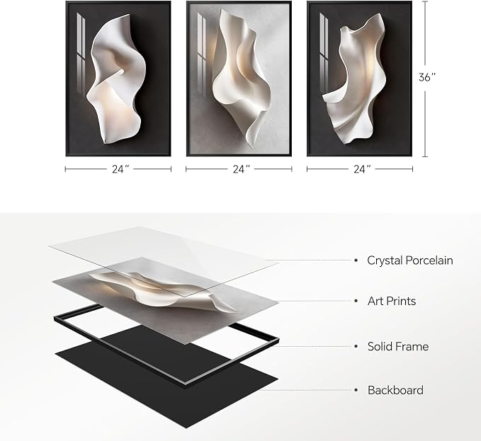 Framed Abstract Black and White Wall Art for Living Room, Large 3 Piece Modern Bright Style Artworks for Wall, Luxury Minimalist Painting Prints for Dining Room Hallway Office Wall Decor, 24x36 Inch