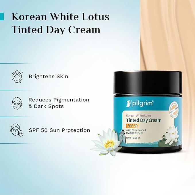 Pilgrim Korean White Lotus Day Cream SPF 50 (PA+++) | Infused with Camellia & Yugdugu | Reduces Wrinkles | Fights Dark Spots & Provides Healthy Skin Protection | 3.52 Oz/100gm