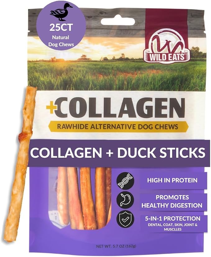 Wild Eats Real Duck Collagen Bully Sticks for Dogs, 25 Pack, Rawhide Free | No hide chew treat made without grain, 5 inch size, high protein, satisfies natural gnawing urges, suits all breeds