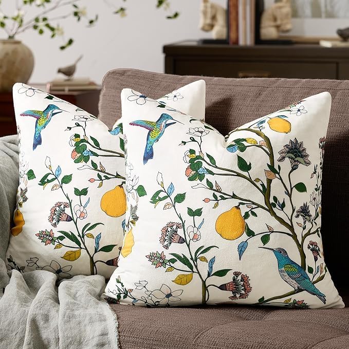 MUSSEL Ivory White Velvet Floral Decorative 16x16 Pillow Covers Set of 2 | Soft Durable and Sturdy,Bird Plant,Throw Pillows Case,Square,Colorful Modern Cushion Covers,Home Sofa Bed Couch Decor