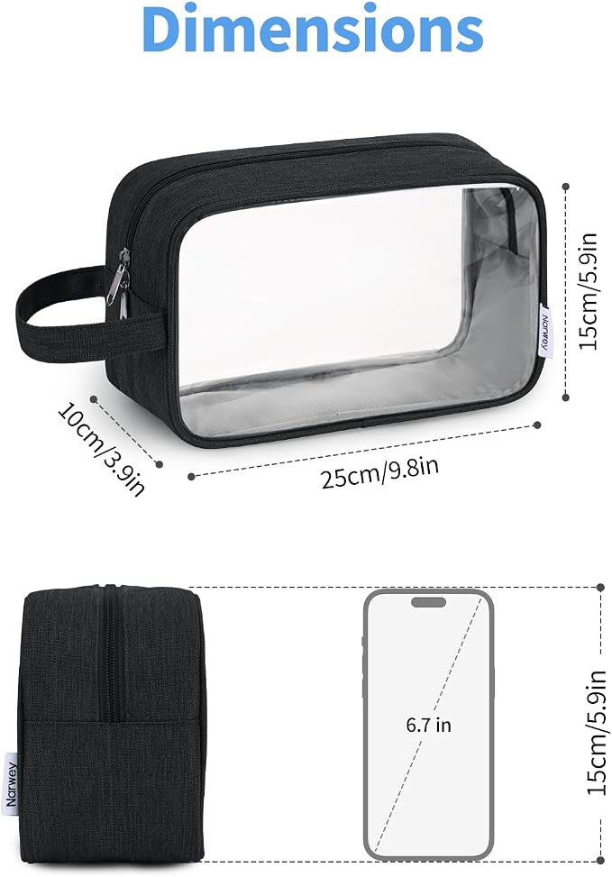 Narwey Clear Travel Toiletry Bags for Traveling Toiletries Men Women, Clear Makeup Bag Cosmetic Bag with Zipper, Make Up Pouch Organizer Bag with Handle, Skincare Beach Snack Medicine Bag, Black