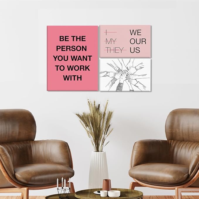 YEOION Motivational Office Wall Art,Inspirational Teamwork Wall Art for Office,Pink and Black Positive Teamwork Wall Decor for Women Set of 6
