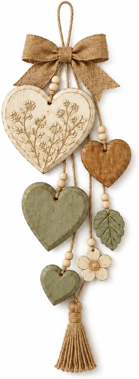 Rustic Solid Wood Heart Wall Hanging, Farmhouse Burlap Bow Decor with Distressed Wooden Hearts & Pendants, Romantic Art for Bedroom & Home Room, Vintage Charm Art Decor Signs(Sage Wildflower)