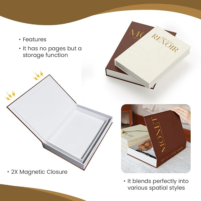 FOOMAN Beautiful Decorative Books, Set of 2 Linen Faux/Fake Book Boxes | Magnetic Design, Aesthetic Storage Boxes for Home Decor, Coffee Tables, Photo Organization, Keepsakes, Bookshelves or Mantles