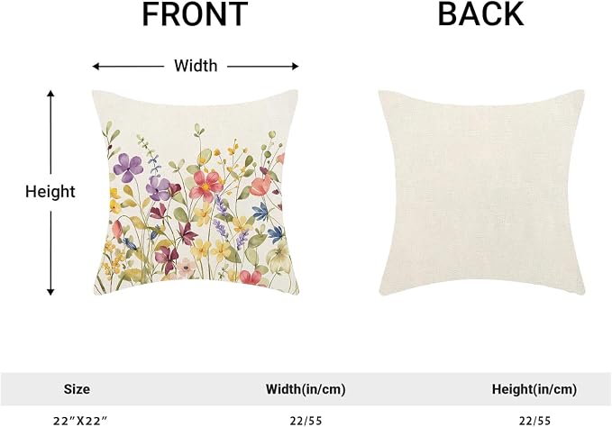 AEIOAE Spring Pillow Covers 22x22 Inch Set of 2, Colorful Wild Flower Leaves Plant Throw Pillows Case,Seasonal Floral Outdoor Decorative Farmhouse Decor Cushion Covers for Home Sofa Bed Couch