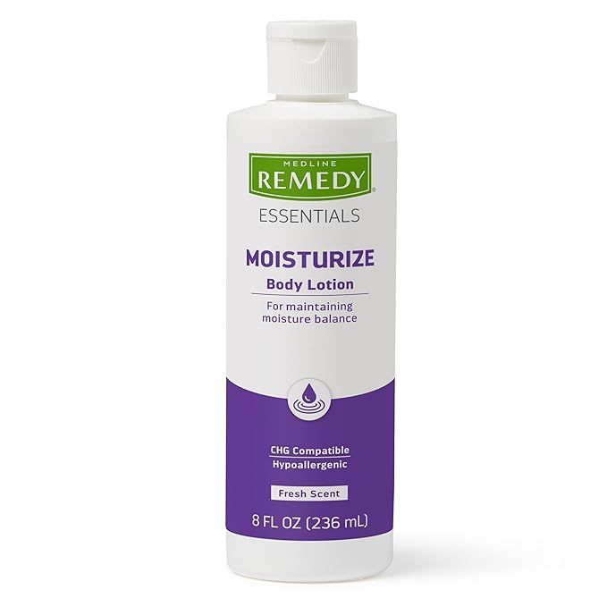 Medline Remedy Essentials Moisturizing Body Lotion (8 oz Bottle), 12 Count, Fresh Scent, Hydrating, Non-Greasy, For Dry Skin, Hypoallergenic, Men, Women, Elderly