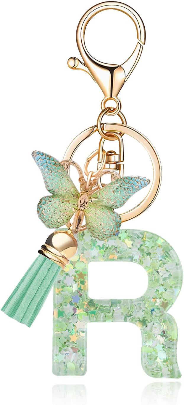 Fashion Alphabet Initial Letter Keychain Tassel Butterfly Pendant Key Ring for Purse Handbags Women Girl