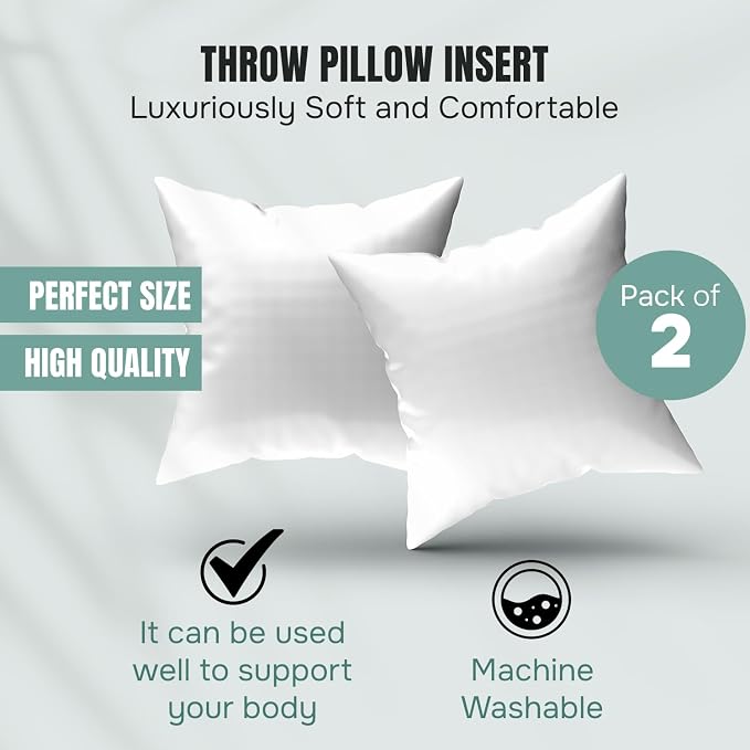 CanvasChamp Throw Pillow Inserts Pack of 2, Lightweight Soft Polyester Decorative Pillow Covers - 16" W x 16" H Bed & Couch Pillows